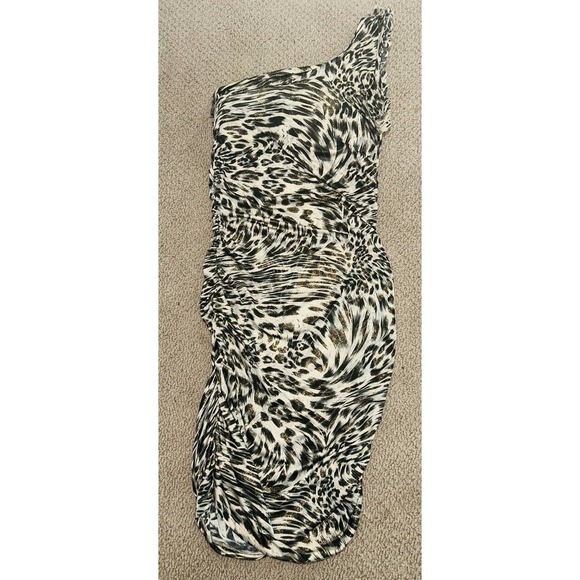 Y2K Body Central Sparkling Cheetah Print One Shoulder Body Con Padded Dress M/L - Picture 3 of 12